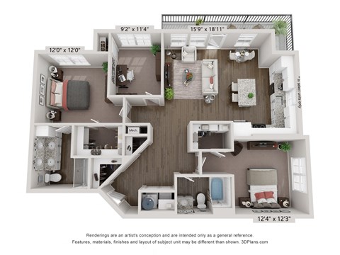 Floor plan for 2 beds, 2 baths, 1285 sqft